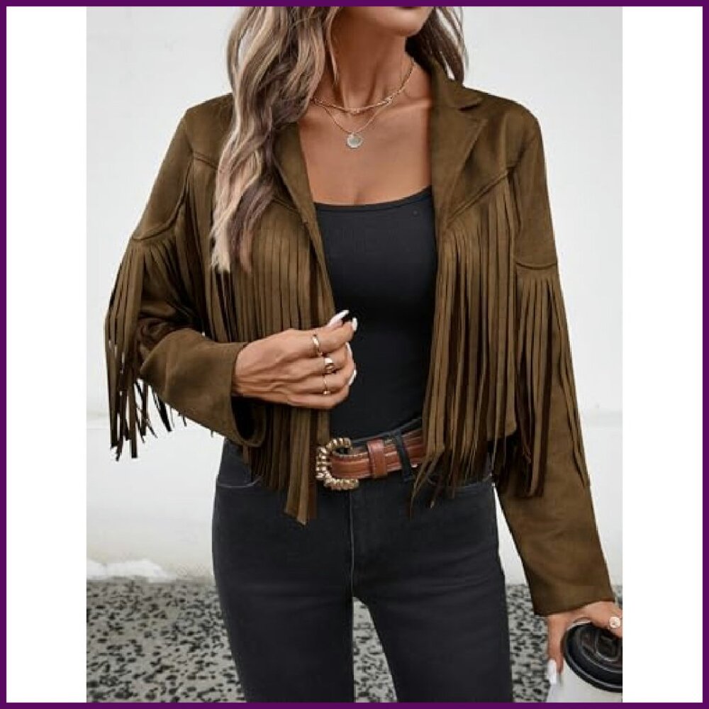 Faux Suede Cropped Jacket with Fringe Tassels, Lined, Western Style - Picture 7 of 8
